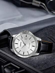 Casio MTP-V004L-7A Men's Casual Round Quartz Watch, Black Leather Strap, Classic Minimalist Wristwatch, Business Watch, Ideal Gift For Men, Daily & Office, Father's Day Anniversary - Silver - View 9