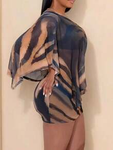 优雅性感女士透视不对称领口虎纹两件套套装，中等弹力，休闲派对度假春季装扮 - 卡其色 - 查看 3