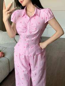 abyoxi 女士粉色条纹蝴蝶结荷叶边系带上衣和阔腿裤两件套，优雅甜美，休闲百搭，适合办公室、日常穿着、约会、情人节等场合，修身剪裁，春夏必备单品 - 粉色 - 查看 4