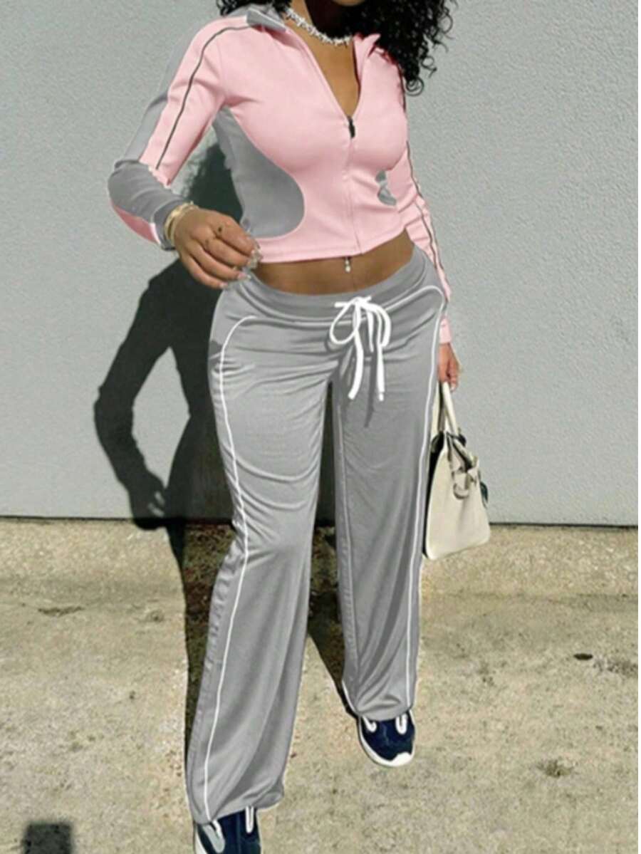 女士撞色连帽拉链上衣和抽绳休闲家居裤套装
