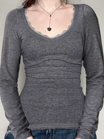 Sunny Girly Spring Valentine's Day Women's Wear Y2k Pure Desire Style, Suitable For Both Home And Outdoor Wear, Casual Lace Patchwork Collar Knitted Long Sleeve T-Shirt Top