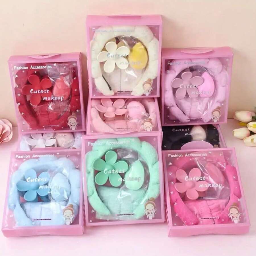 5件套柔和粉蓝色花朵发饰及腕饰套装 - 无缝发夹、发带、腕带 - 易于清洁、可水洗、亲肤，浅米色，适合生日派对、日常佩戴，理想的礼盒包装