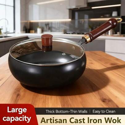 1PCS Unadulterated Iron Frying Pan, Uncoated Heats Evenly Multi-Purpose Frying Pan For Any Stovetop, Oven Or Even Campfire With Tempered Glass Lid And Wooden Handle