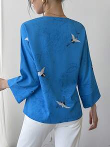 一件装女士蓝莓蓝复古印花不对称领斜襟单排扣系带喇叭袖优雅中式衬衫 - 舒适透气，适合各种场合，如海滩度假、工作、日常穿着、派对、宴会、婚礼、新年、春节等，是送给女友、妻子、母亲的理想礼物。