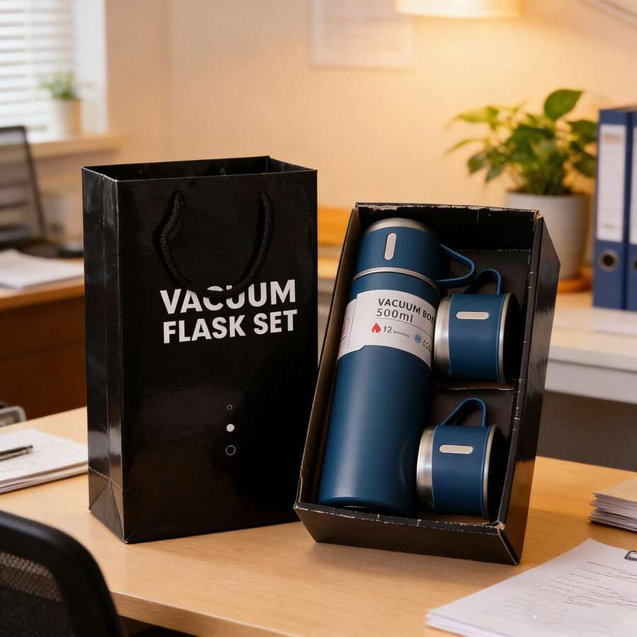 1 Set Outdoor Water Bottle Stainless Steel Cup & Water Bottle Set With 3 Lids - Leakproof Outdoor Camping & Hiking Cups For Home, Office, Travel - Durable Gift Set For Couples, Spill-Proof Design, Modern Drinkware, Highquality Thermosware, Office Workers,Gift Box Packaging, Suitable As A Holiday Gift - 藍色A款 - 查看 1