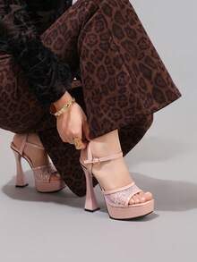 Giày sandal cao gót đế xuồng ren thời trang, giày dự tiệc gợi cảm, sandal hở mũi gót vuông, giày cao gót sàn catwalk dành cho nữ. - Hồng - Xem 9