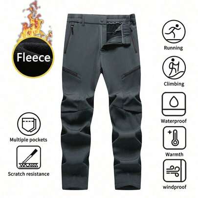 Men's Winter Fleece-Lined Softshell Hiking Pants - Men's Outdoor Pants Waterproof Windproof Thermal Hiking Trousers With Multi Zipper Pockets For Camp