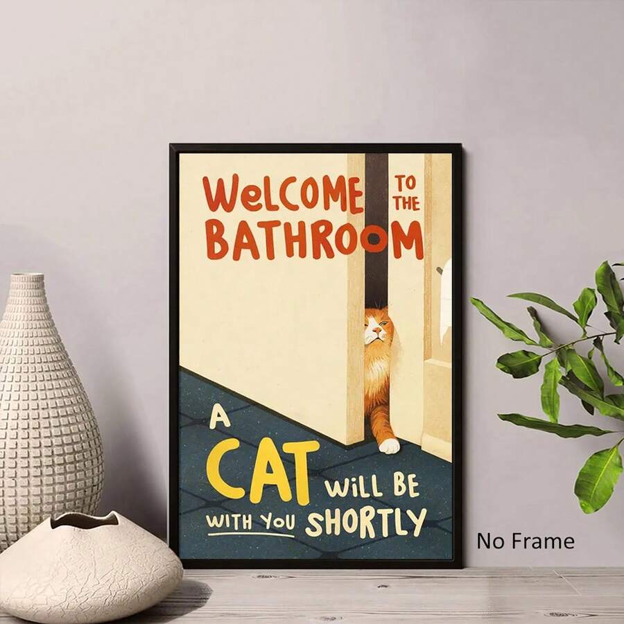 1pc Funny Cat Bathroom Wall Art Poster - "Welcome To The Bathroom, Cats Are Coming" Sign, Modern Minimalist Cat Themed Decor Suitable For Bathroom, Kids Room, Office - Unframed 12x18 Inches Or 16x24 Inches (30x46/40x61 Cm, 2D Flat, Perfect Fit) - Multicolor - View 1