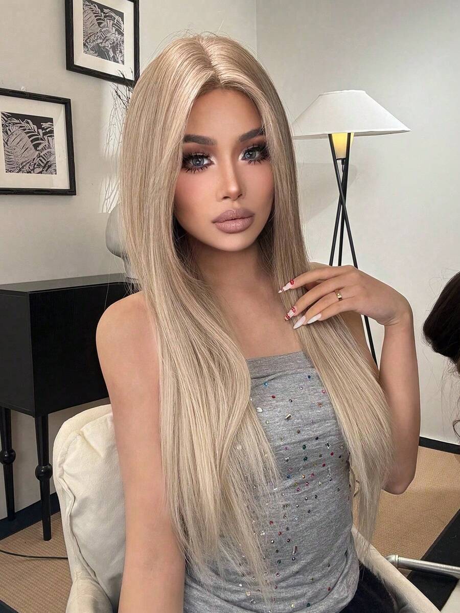 30 Inch Long Straight Lace Front Wig, Natural Looking Realistic Synthetic Hair Wig, Suitable For Daily Wear - Gold - View 1