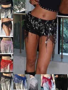 1pc Women's Belly Dance Costume, Sequin Fringe Belly Dance Hip Scarf, Thai/Arabian Dance Skirt Waist Belt - Multicolor - View 1
