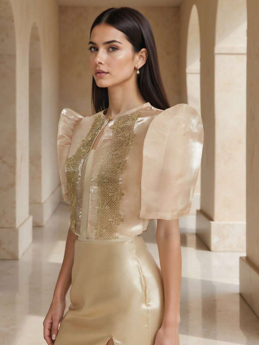 1件 Amyenjoylife 现代菲律宾风格女式衬衫，时尚薄纱蕾丝拼接设计，优雅纽扣衬衫，春夏款，蝴蝶袖菲律宾风格，女士菲律宾短外套 - 香檳色 - 查看 1