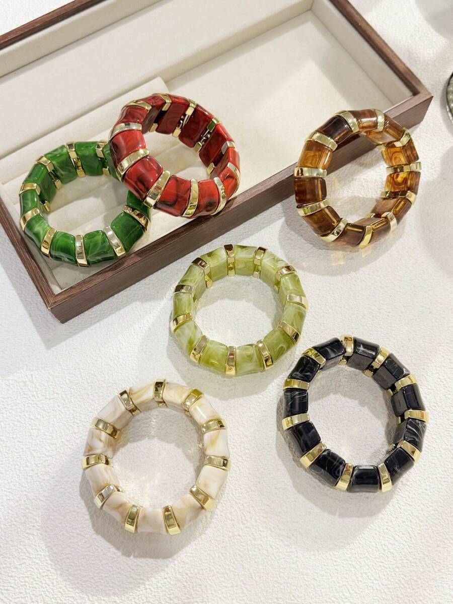 1pc Women's Beaded Bracelet, Bohemian Style Beaded Resin CCB Elastic Bracelet, Suitable For Vacation Wear - Beaded Elastic Bracelet - View 1