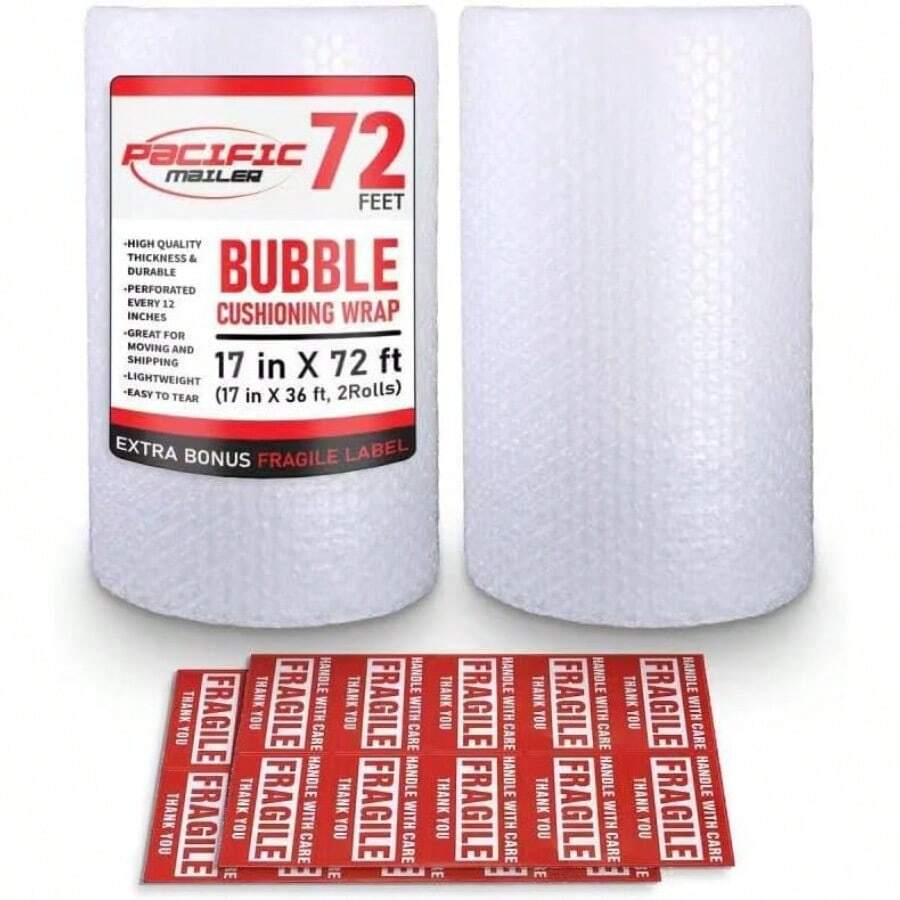 Bubble Cushioning Wrap 5/16 Inch X 12 Inch X 72Feet Total [2 Rolls Of 36 Feet] Bubble Cushioning Wrap For Packing Moving Supplies Perforated Every 12" - 2卷,規格為17吋*5/16吋*36英尺(共72英尺) - 查看 1