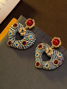 1 Đôi bông tai hình trái tim xoắn bằng ruy băng đen trắng đính đá màu sắc cổ điển, thời trang và dễ thương, phù hợp cho phụ nữ đeo hàng ngày và trong các dịp lễ hội, món quà hoàn hảo cho mẹ và bạn gái. - Đầy màu sắc - Xem 1