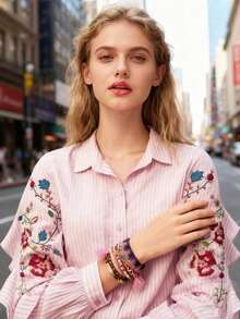 Floral & Leaf Embroidered Women's Shirt, Front Button Elegant Casual Blouse, Spring/Summer Women's Pink Striped Long Sleeve Top, French Elegant Blouse, Spring/Summer Women's New Year Outfit - Pink - View 4