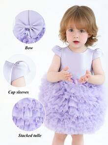 Baby Girls' Elegant Party Dress With Bow, Tulle, Light Purple, Princess Cake Dress, Baby's 1st Birthday Party, Wedding, Ceremony, Holiday Celebration - Purple - View 4