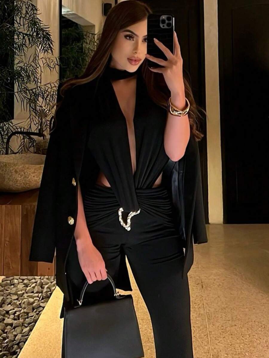 Women's Casual Vacation Party Party Sexy Sleeveless Deep V Low Chest Hollow High Waist Slim Slimming Jumpsuit - 黑色 - 查看 1