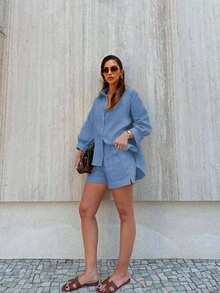 SV Women's Linen Set With Basic Blouse And Casual Shorts - Summer - 藍Blue - 查看 6