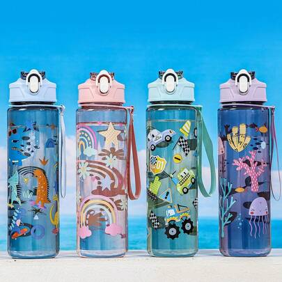 Botella de agua deportiva para niños de 750ml, 4 opciones de color, regalo lindo para niños y niñas, vaso con pajita adecuado para uso al aire libre, escuela, con tema de animales de dibujos animados, portátil