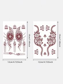 2 Sheets Of Valentine's Day/Ramadan Henna Temporary Tattoo Stickers, Red Lace Flower Gyro Henna Pattern, Fashionable Hand Nail Art Fake Tattoo, Plant Fake Tattoo - Temporary Tattoo - Popular And Suitable For Birthdays, Weddings, Party Decorations, Lasts 3-5 Days. - Red - View 3