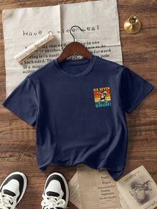 Camiseta de cuello redondo de manga corta con estampado informal para niños preadolescentes, top de verano - Azul Marino - Ver 4