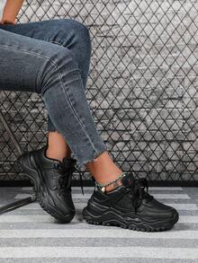 Simple Black Platform Women's Sneakers, Versatile With No Prints, Suitable For All Seasons, Retro High-Street American-Style Sneakers, Wedge Thick Sole For Height And Durability, Perfect For Daily Wear, Commuting, Travel, Vacation, And Holiday Gifts - All Black - View 3