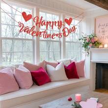 1件红色情人节心形横幅 - 红色闪光心形花环 - 适用于情人节主题派对、生日派对、周年纪念派对、单身派对、新娘送礼会以及各种节日庆典的家居装饰 - 彩色 - 查看 6