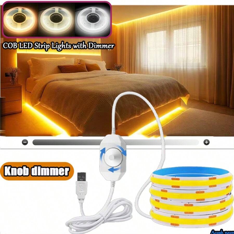 Acosh Neon 1m/2m/3m/5m/ COB LED Strip Lights With Dimmer, 8mm Width, USB Interface, High Brightness, Dotless Cuttable Tape For DIY Projects, Ideal For Bedroom, TV Backlight, Kitchen And Home Decoration - White - View 1