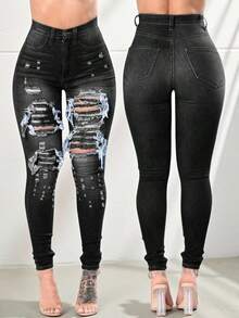 Vaqueros lavados con rotos de cintura alta para mujer, elásticos y ajustados - Negro - Ver 3