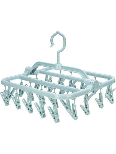 Percha plegable con pinzas, adecuada para calcetines, sujetadores, ropa interior, etc., con 26 pinzas de ropa, material de plástico, con pinzas y estante de secado por goteo, estante de secado por goteo de plástico con 32 pinzas, gancho antiviento, disponible en colores azul y blanco