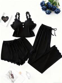 3-Piece Lace Suspender Short Trousers Three-Piece Women's Four-Season Sexy Lace Suspender Home Set (Including Trousers, Shorts And Tank Top) Sexy Underwear Loungewear Pajamas - 黑色3件套裝 - 查看 5
