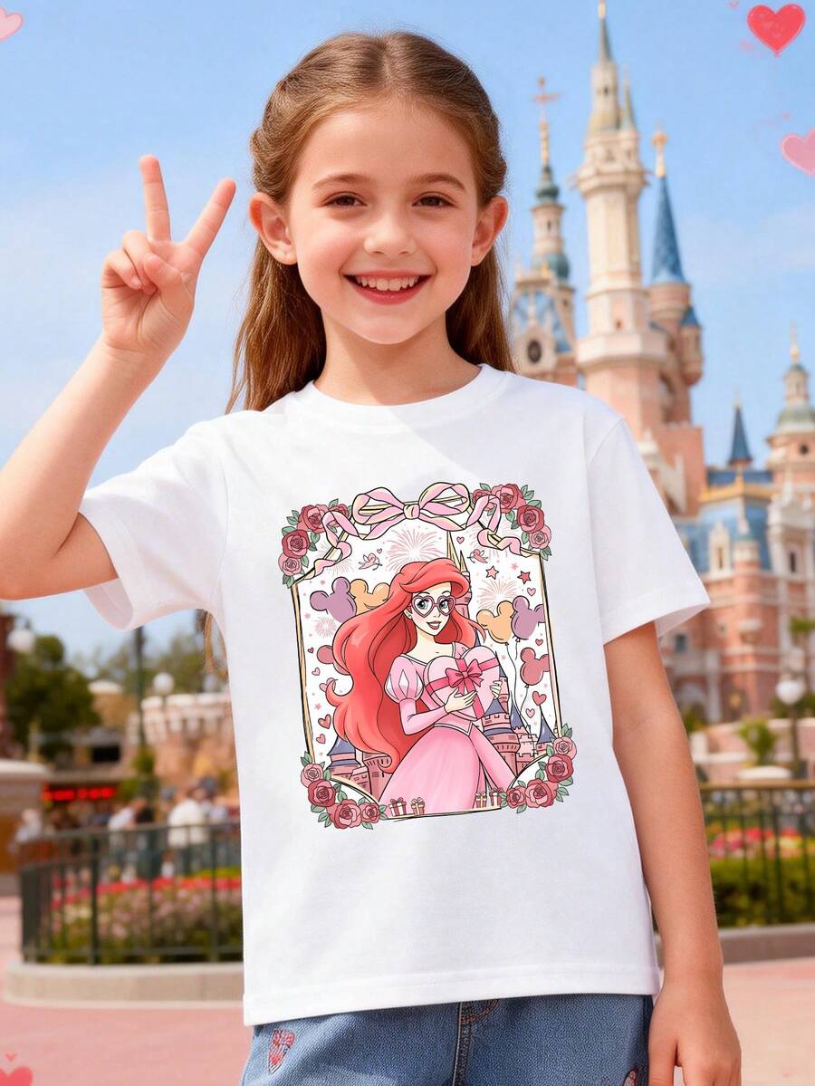 Disney Apparel, Featuring A Disney Princess Ariel Valentine's Day-Themed Design On This Girls' T-Shirt. This Soft, Breathable Short-Sleeve Crew Neck Tee Is Perfect For Spring And Summer Wear, Ideal For Everyday Outfits, Vacation Leisure, Outdoor Adventures, School Life, And Shopping Trips. It Also Makes An Excellent Gift For Boys And Girls Alike. Every Child Deserves One. - 白色 - 查看 1