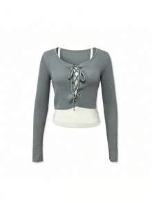 性感露脐U领针织吊带背心，系带设计，情人节及秋冬季叠穿打底衫 - 淺灰色 - 查看 7