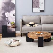 Modern, Simple Round Side Table With Two Levels – Transparent Grey Glass Top And Black MDF In An L-Shape. Marble-Effect Tabletop. Disassemblable Design For More Flexible Room Use. - 木頭 - 查看 2