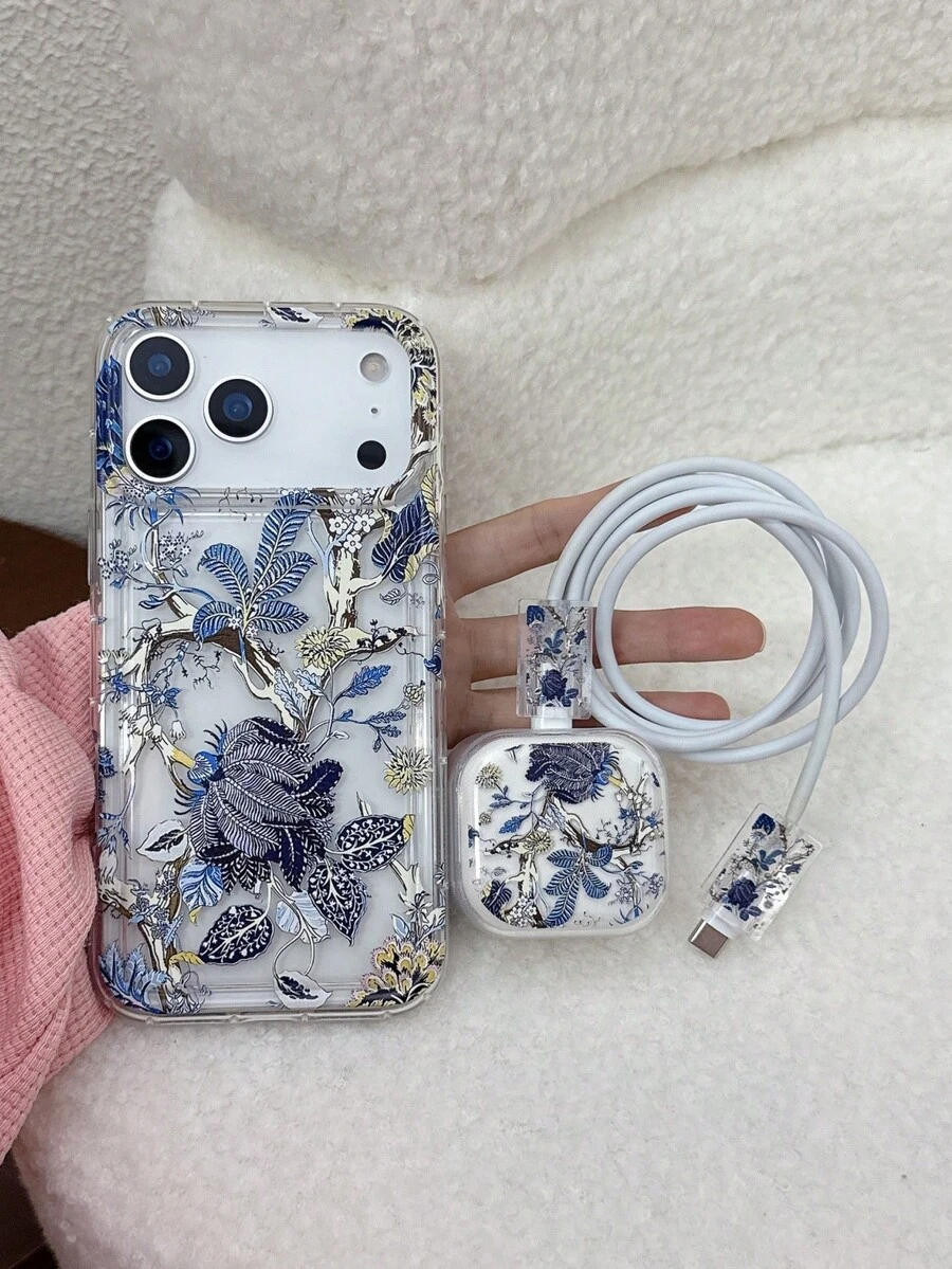 4-In-1 Set (1pc Shock-Proof Phone Case + 2pcs Data Cable Protectors + 1pc UK Plug Charger Adapter Cover) With UV Printed Blue Flower Pattern, Compatible With Apple 7/8/7+/8+/X/XS/XR/XSMax/11/11Pro/11ProMax/12/12Pro/12ProMax/12Mini/13/13Pro/13ProMax/13Mini/14/14Pro/14Plus/14ProMax/15/15Pro/15Plus/15ProMax/16/16RRO/16Plus/16ProMax/17/17Pro/17ProMax/Air Phones - Multicolor - View 1