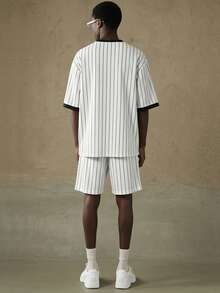 Ținută vintage cu mânecă scurtă, stil baseball, cu dungi, stil streetwear pentru bărbați - alb - Vizualizare 2