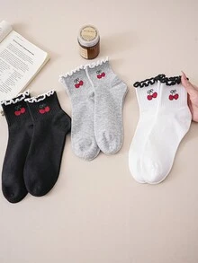 3/6 đôi tất nữ mới, màu đen trắng xám, viền bèo, màu anh đào, tất cổ ngắn đơn giản cho hoạt động ngoài trời, thể thao, dành cho học sinh, mùa tựu trường. - Nhiều màu - Xem 4