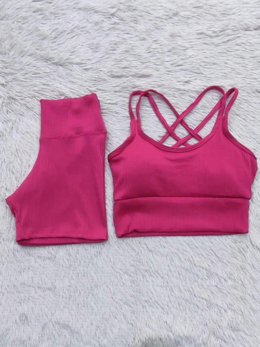 Ribbed Summer Set - Shorts And Top For Gym - Hot Pink - View 1