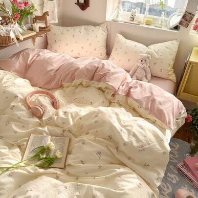 三件套涤纶简约花卉印花床上用品套装，适合男孩/女孩宿舍，拉链封口，四季皆宜，柔软透气，适用于宿舍床、单人床、双人床、特大号床，可机洗（1个被套，2个枕套，不含填充物）