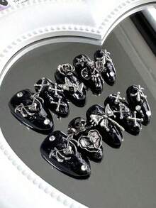 10 Long Dark Almond-Shaped Handmade Press-On Nail Tips. Dark Punk-Style Nail Set Decorated With Black Wings, Skulls, Butterflies, Vintage Roses, Stars, Angels, Bowknots And Rhinestones. With Fine Shimmer Decorations, Shiny And Glossy. Full-Coverage Removable Fake Nail Kit, Suitable For Office Workers, Students, Party Girls And All Seasons. Includes Jelly Glue And Nail File. Press On Nails Nail Supplies Nails(Random Delivery) - Ngẫu nhiên - Xem 8