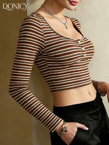 DONICY Elegante blusa de manga larga con cuello cuadrado y botones, a rayas, de ajuste ceñido, para mujer, ideal para uso casual, de negocios, vacaciones, citas, San Valentín, carnaval - Multicolor - Ver 7