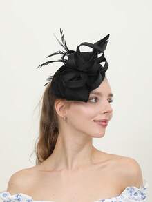 1件纯色蝴蝶结贝壳波西米亚宫廷风优雅涤纶头饰，带羽毛装饰，适合赛马日、单身派对、婚礼、节日派对、下午茶会、圣诞节等场合。