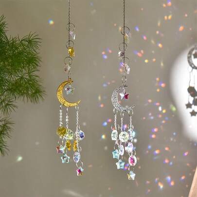 Crystal Star And Moon Suncatcher, Elegant Wind Chime, Classic Hanging Ornament For Bedroom Living Room Decor, High Aesthetic Indoor Car Pendant With Sparkling Crystals