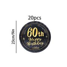 10入/20入/40入/50入 60歲生日裝飾 中性款 黑色與金色 Happy 60th 7英吋與9英吋紙盤 餐具 適用於60歲生日派對 女性男性 60週年紀念復古一次性甜點盤 - 彩色 - 查看 10
