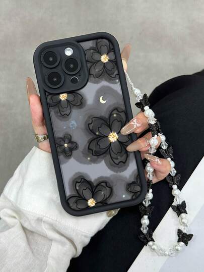 Funda de teléfono a prueba de golpes, de estilo simple y elegante, con cadena de mariposa negra acanalada y pintada con motivos florales, compatible con iPhone 17/17 Pro/17 Pro Max, 16/15, 15 Pro Max, 13/14/11/12/14 Pro Max, XS/XR/X/8/7/8 Plus/7 Plus