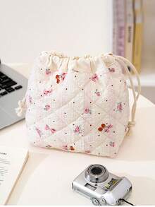 1Pc Flower/Rose/Bow Print Quilting Desktop Upright Drawstring Storage Bag Multifunctional Storage Basket Storage Bucket,Girls Large Capacity Cosmetic Organizer Bag Makeup Bag Toiletry Bag Camera Bag Pencil Holder Cabinet Storage Products,Skincare Storage Basket,Women Cute Make Up Storage Drawstring Bag
