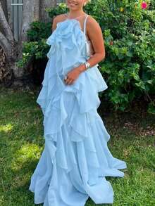 Vestidos Elegantes De Mujer,Dresses For Women,Women's 3D Floral Halter Dress, Casual Ruffled Neck Dress - 立體花朵吊帶長裙-藍色 - 查看 1