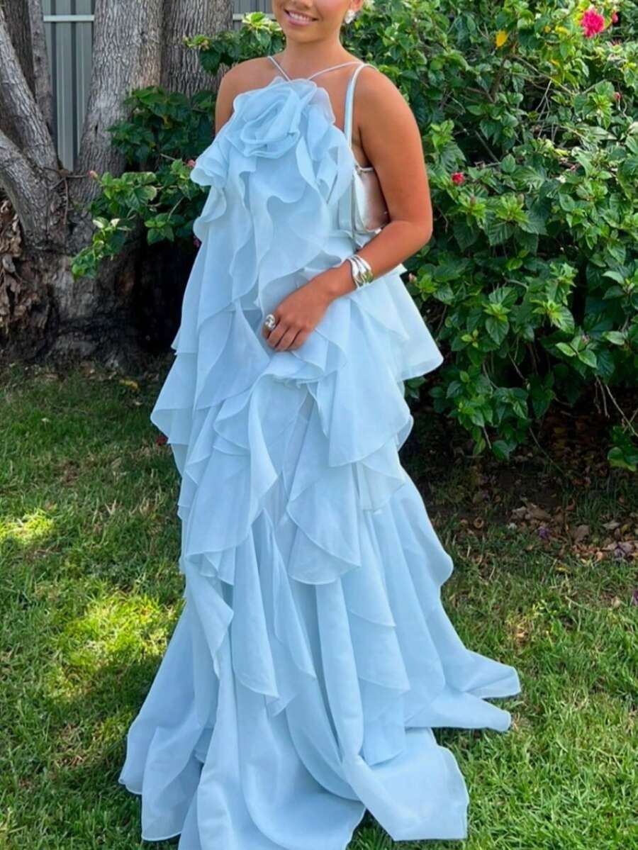 Vestidos Elegantes De Mujer,Dresses For Women,Women's 3D Floral Halter Dress, Casual Ruffled Neck Dress - 立體花朵吊帶長裙-藍色 - 查看 1