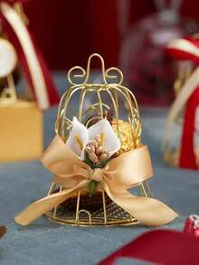 1pc European Style Gold Hollow Iron Bell Wedding Candy Box, Bird Cage Shaped Metal Tin Box, Wedding Supplies & Favors - Multicolor - View 7