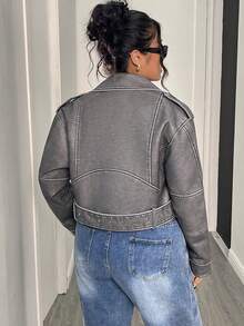 Women Plus Size PU Leather Short Jacket Vintage Dropped Shoulder Long Sleeve Coat With Belt - Grey - View 3